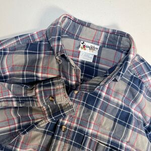 Vintage Walt Disney World Mens M Blue Gray Plaid Logo Embroidered Flannel Mickey